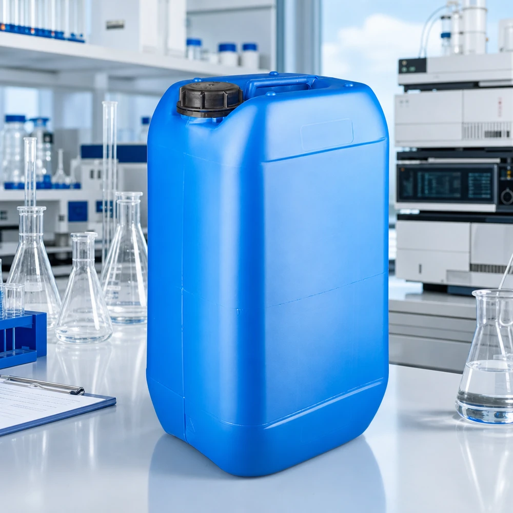 Bidon 15 litres bleu avec bouchon à vis OV Bidon industriel robuste de 15 L, bleu, avec bouchon à vis OV, posé sur une paillasse blanche