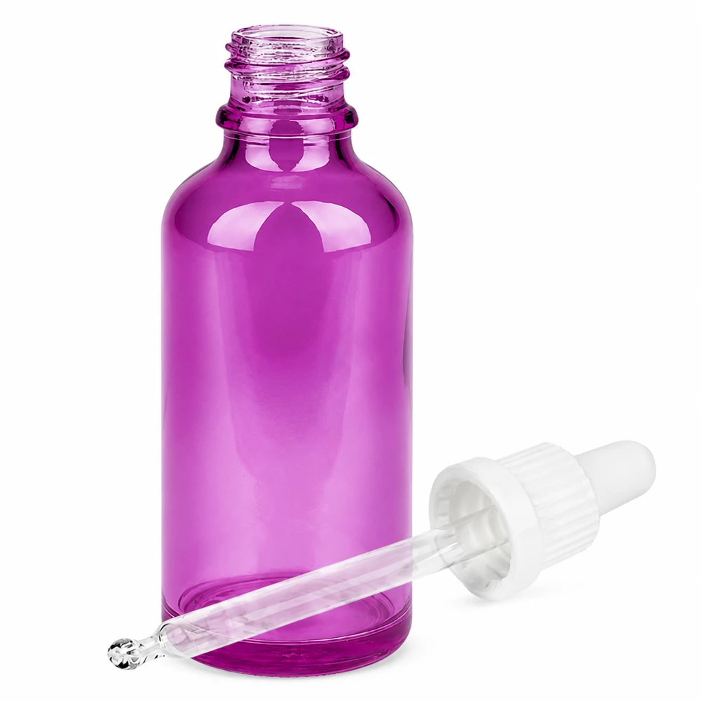 Flacon pipette 50ml blanc originalité bouchon à vis PurpleLine UT18/50 Petit flacon en verre violet avec pipette compte-gouttes - conservation hygiénique des liquides