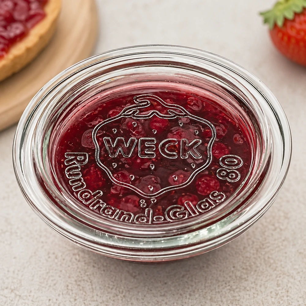 Couvercle en verre WECK RR80 WECK Glasdeckel RR80 mit Marmelade befüllt zeigt praktische Verwendung als Schale für Konfitüre und Aufstriche