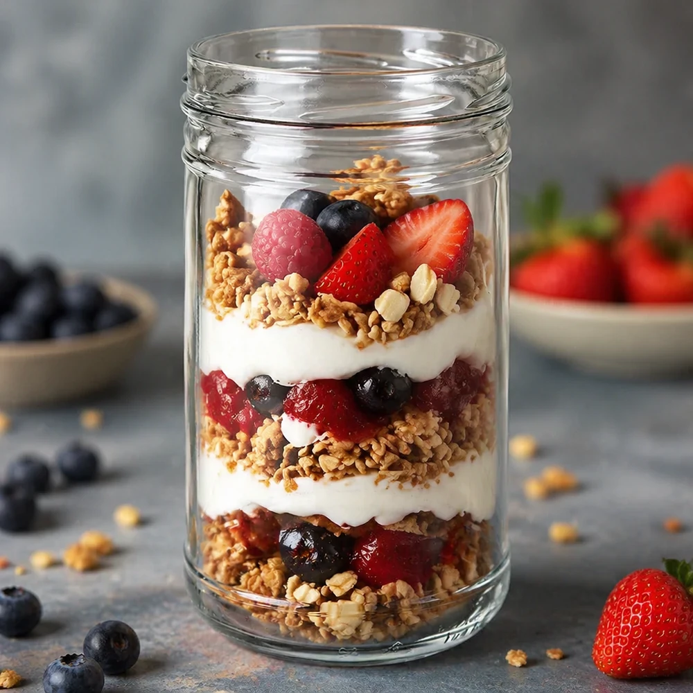 1053ml Verre conique sans couvercle (TO100) UNiTWIST UNiTWIST Verre renversé 1053ml TO100 rempli de yaourt Muesli Baies Dessert en couches comme exemple d'application Cuisine