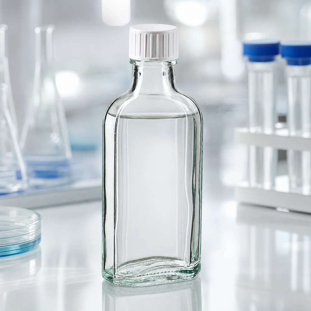Flacon en verre pharmaceutique de 100 ml, transparent, de type Meplat, avec bouchon en plastique rainuré et anneau verseur intégré