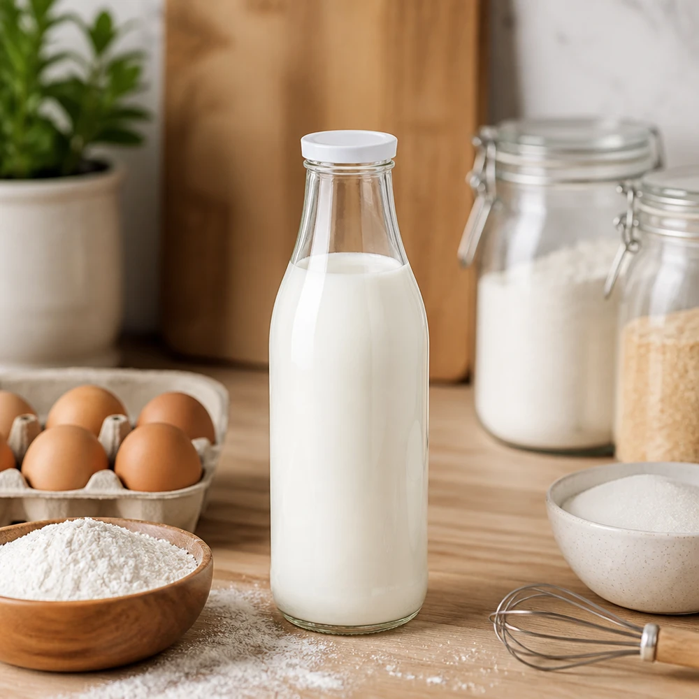 1000ml Bouteille avec couvercle BasicSeal blanc UNiTWIST Bouteille en verre de 1000ml remplie de lait BasicSeal couvercle blanc Scène de cuisine Ingrédients de cuisson Œufs Farine Récipient de stockage