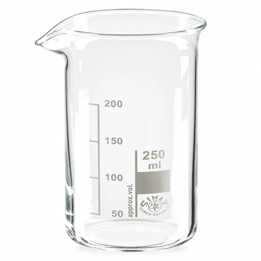 Bécher 250ml en verre borosilicate résistant à la chaleur (forme haute) Récipient de laboratoire de 250 ml, forme haute, en verre borosilicaté résistant à la chaleur, avec bec verseur et graduation