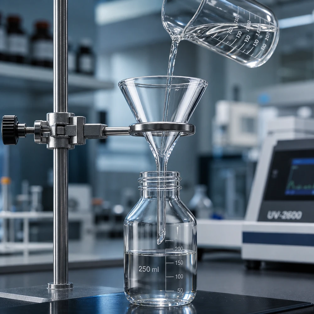 Entonnoir Ø 40mm - verre sodocalcique - angle 60° Entonnoir de laboratoire compact 40mm en verre sodo-calcique avec manche court peu encombrant pour les postes de travail étroits