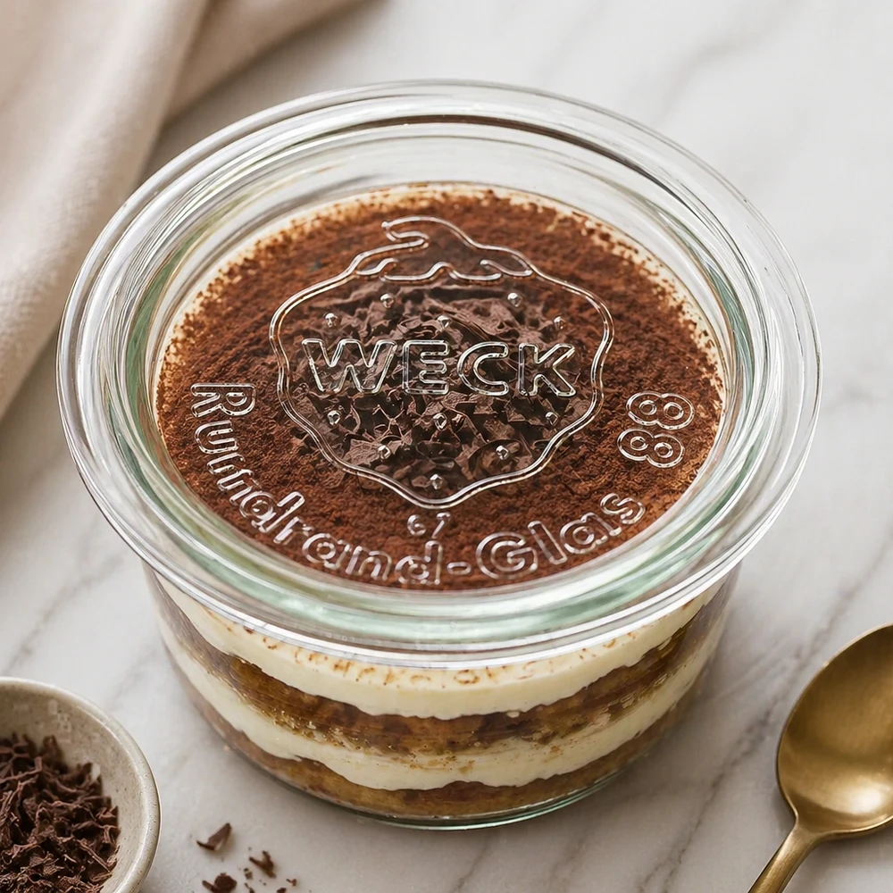 Couvercle en verre WECK RR80 WECK Couvercle en verre RR80 sur dessert tiramisu dans un bocal avec logo en relief et saupoudrage de cacao comme scène de cuisine