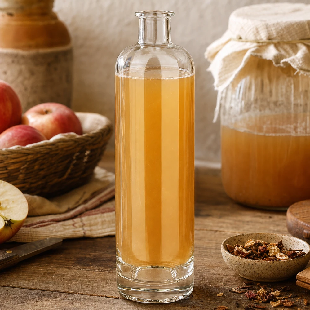 Bouteille en verre 500 ml « Ella » sans bouchon UNiTWIST® Bouteille en verre de 500 ml Ella UNiTWIST remplie de jus de pomme à côté de pommes fraîches et de miel Scène de cuisine rustique