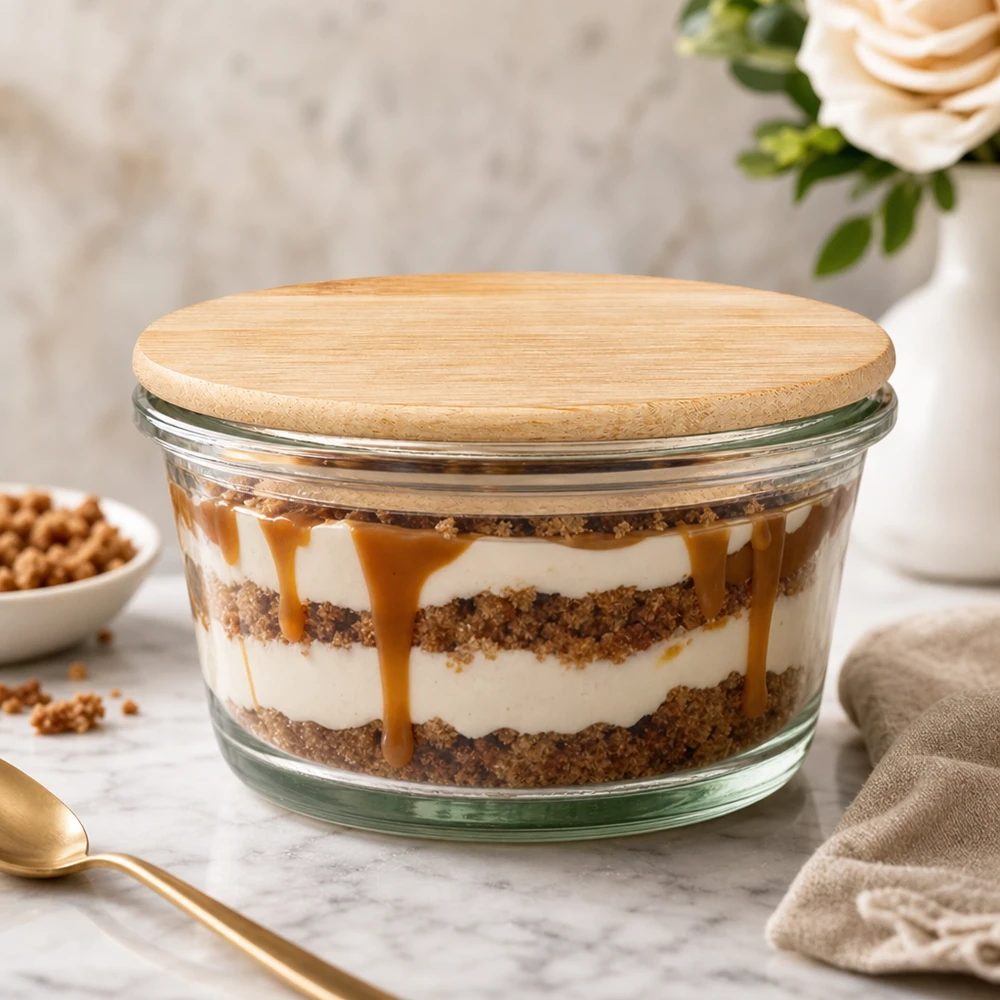 WECK Verre gourmet 165ml avec couvercle en bambou comme verre à dessert pour le tiramisu dessert en couches décoré sur une table en marbre