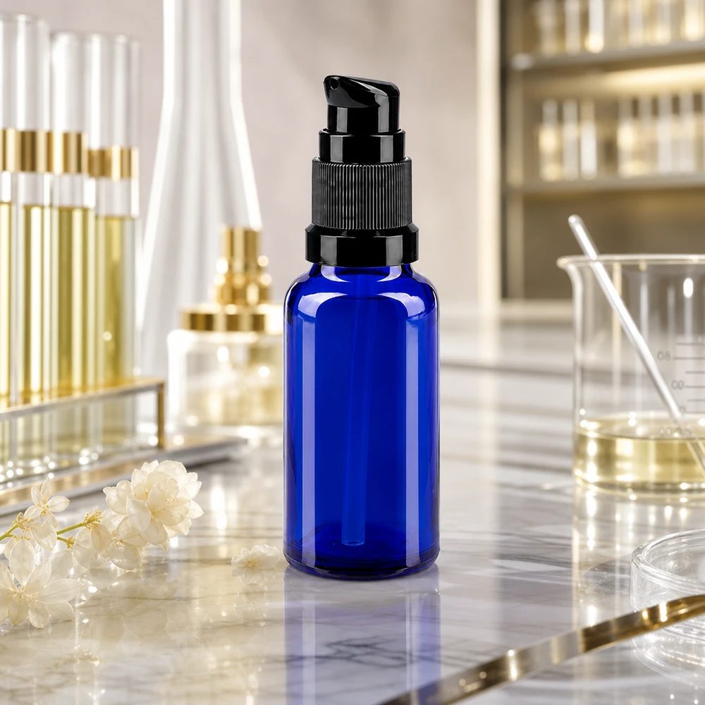 Flacon en verre bleu cobalt de 20 ml muni d'une pompe noire, posé sur un socle en marbre dans un laboratoire de cosmétique