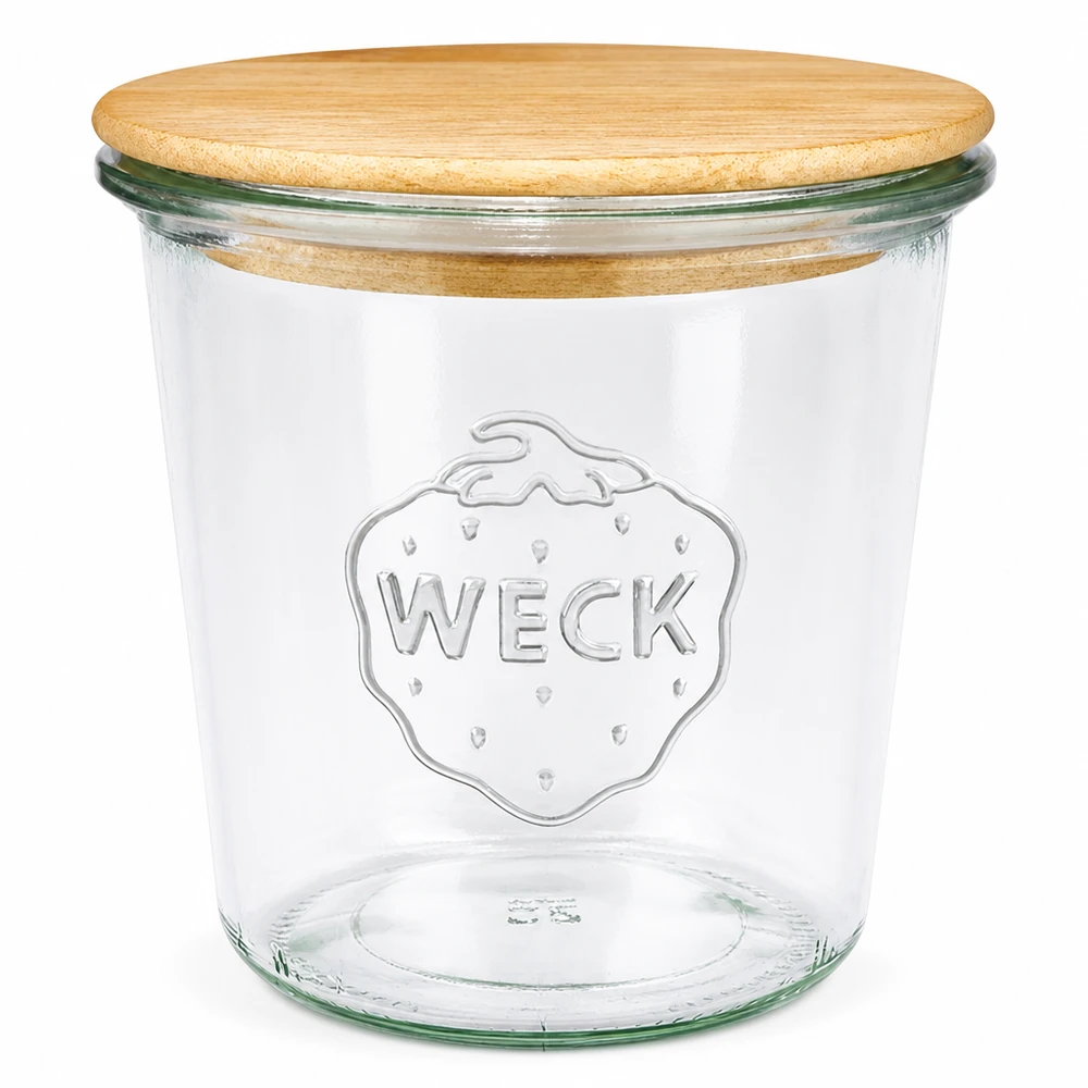 580ml WECK Pot renversé RR100 avec couvercle en bois naturel, pot à conserves transparent avec logo en relief