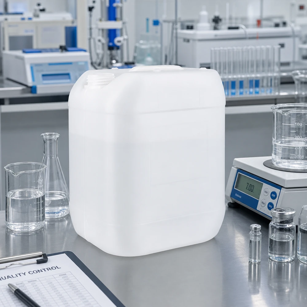 Bidon industriel empilable de 20 litres sans bouchon, à côté d'une balance de laboratoire et d'un gobelet gradué