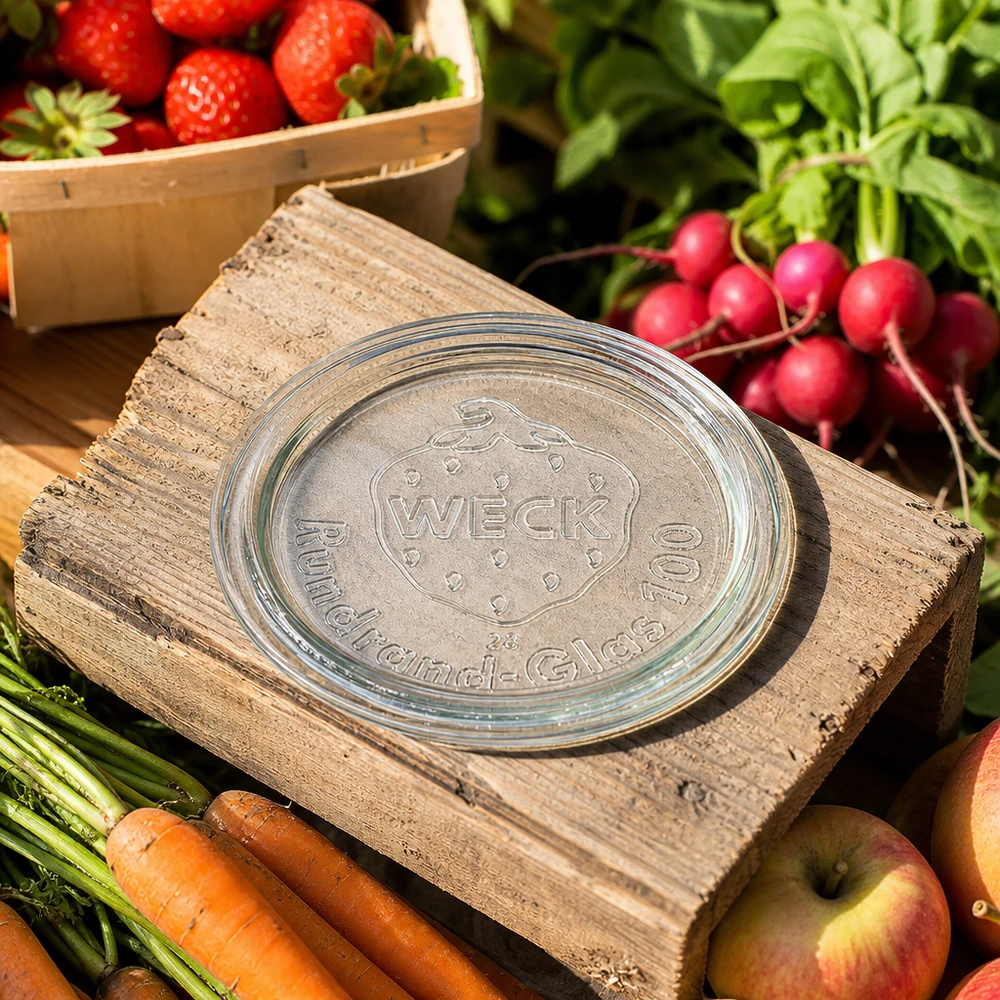 Couvercle de verre RR100 WECK WECK Couvercle en verre RR100 sur planche en bois avec légumes frais fruits et fraises dans l'ambiance du jardin