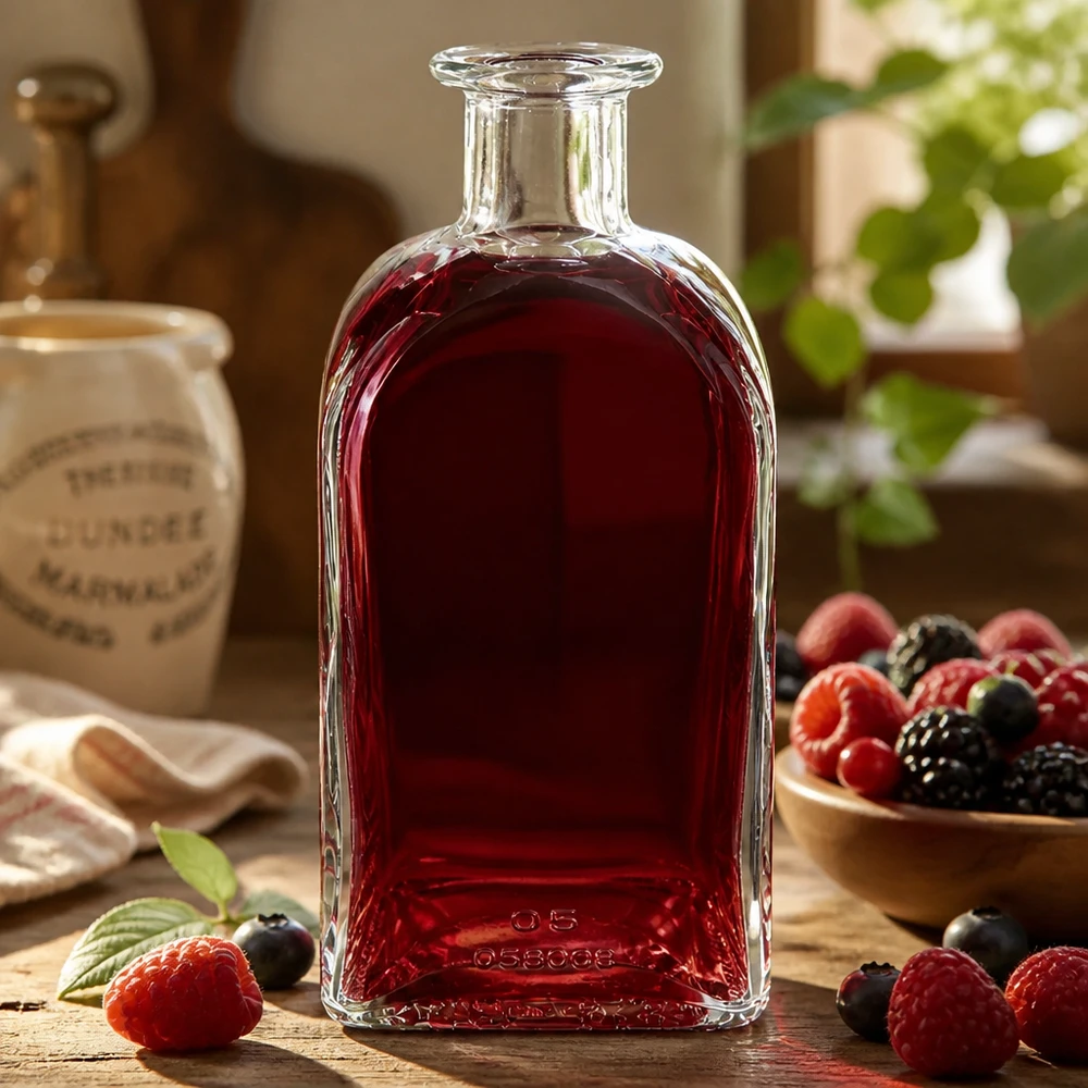 Flacon à pharmacie « Julia» 500 ml sans bouchon UNiTWIST® Bouteille en verre Julia 500ml remplie de liquide rouge entouré de baies pour décorer une table en bois