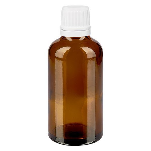 Flacon de pharmacie brun 50ml V. goutte. 1.2mm blanc bouchon inviolabilité Flacon de pharmacie brun 50ml V. goutte. 1.2mm blanc bouchon inviolabilité