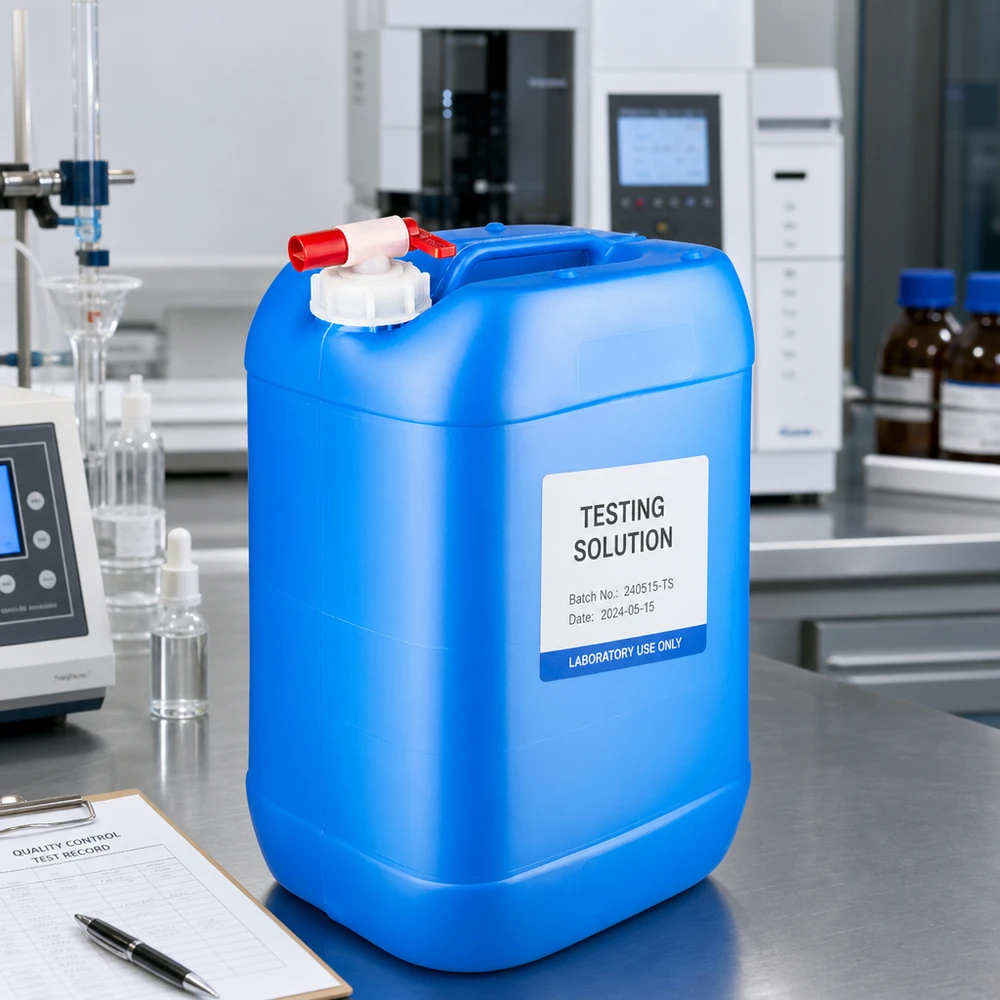 Récipient de grande capacité pour liquides, 25 L, bleu, avec robinet et étiquette « solution d'essai » en laboratoire