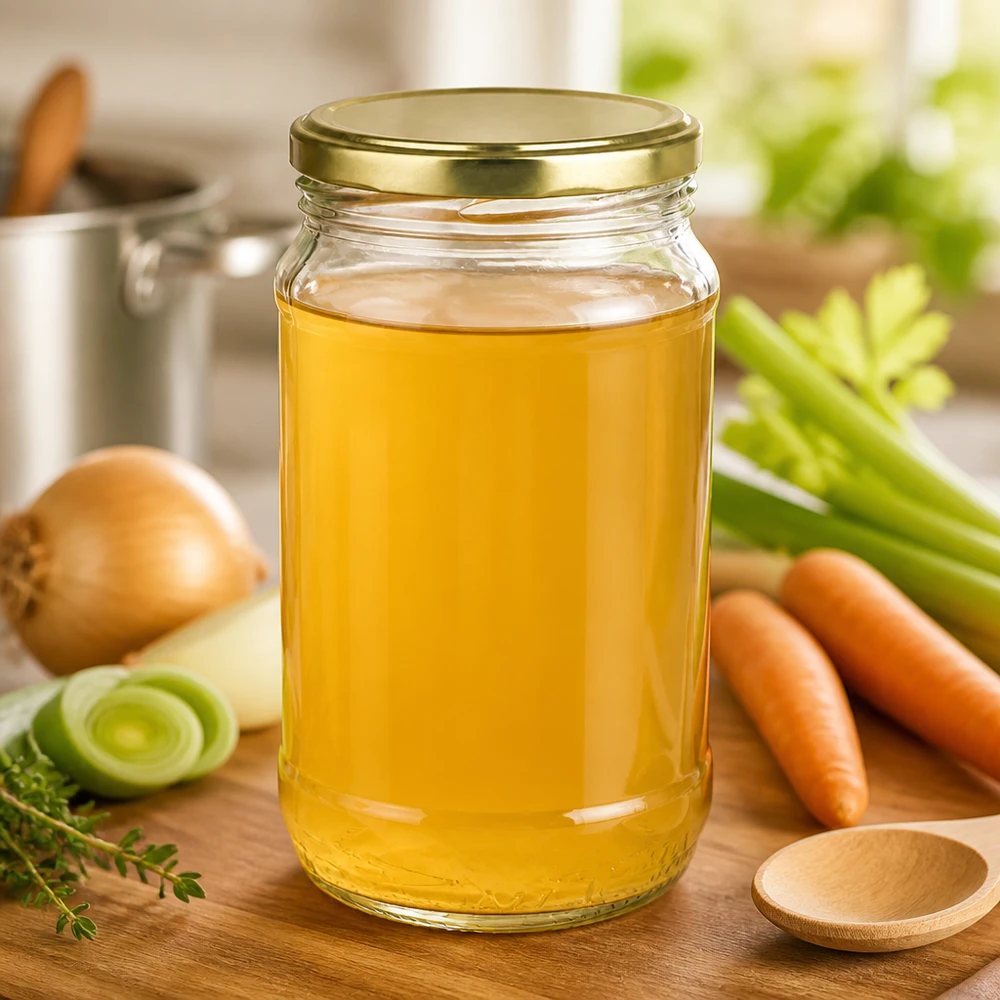 Bocal rond en verre de 370 ml + BasicSeal gold UNiTWIST Bocal rond transparent UNiTWIST de 370 ml avec un couvercle à vis doré, posé à côté de légumes frais sur une planche en bois