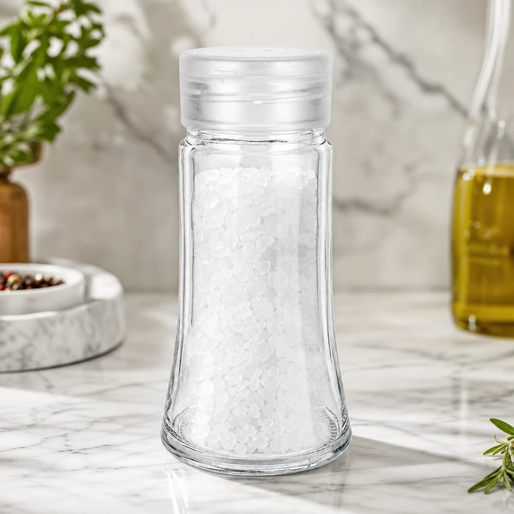 Saupoudreuse en verre de 95 ml remplie de gros sel marin, posée sur un plan de travail en marbre blanc