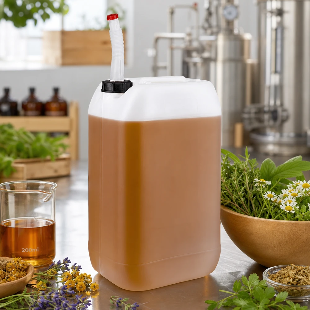 Bidon alimentaire de 15 litres muni d'un bec verseur flexible, entouré d'herbes médicinales et de fleurs