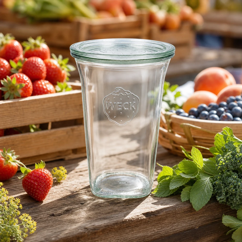 WECK 795ml Quadroglass RR100 avec couvercle en verre entre des fraises fraîches Myrtilles sur une table rustique en bois Ambiance nature
