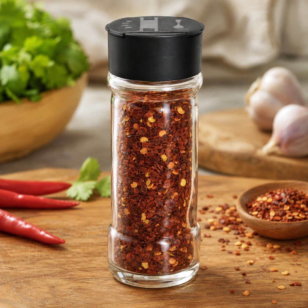 Pot à sel/épices 100 ml avec double saupoudreuse, noir Petit bocal à épices de 100 ml contenant des flocons de piment rouge, muni d'un couvercle verseur pratique de couleur noire