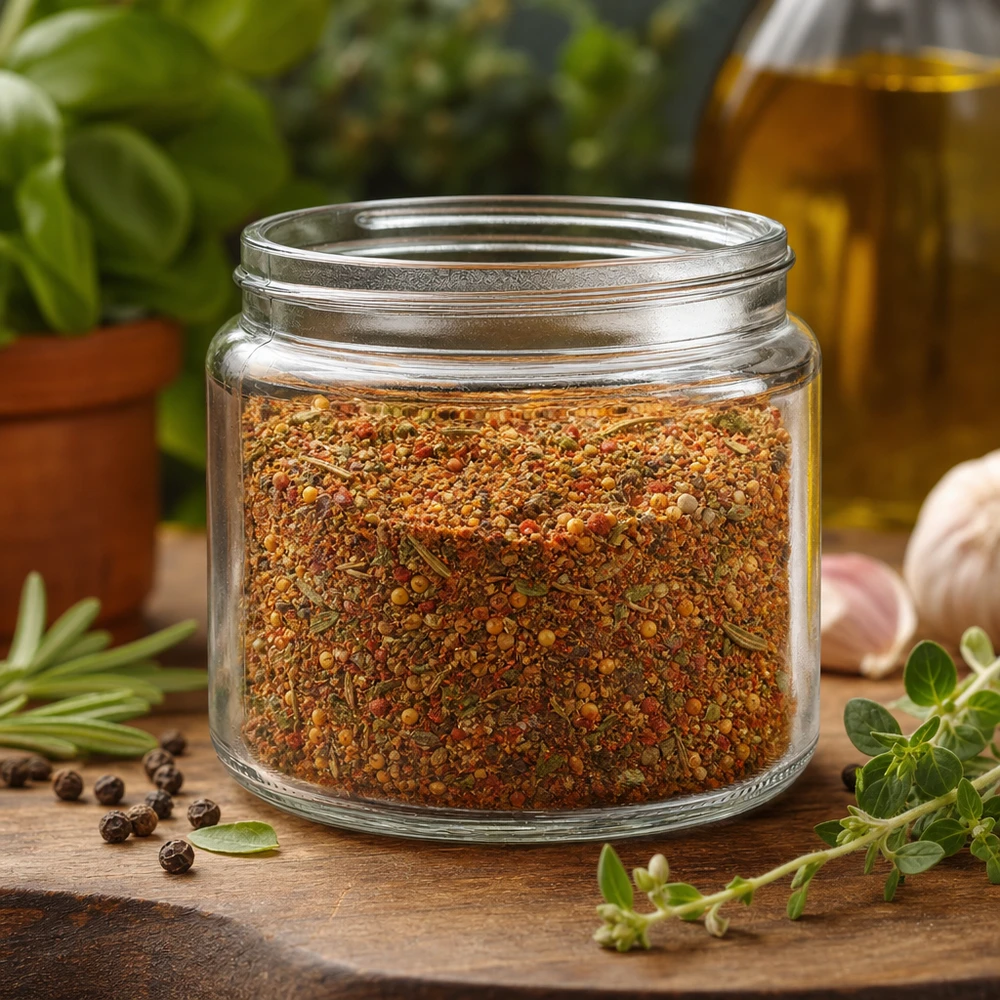 Pot en verre 250ml clair rempli d'un mélange d'épices entouré d'herbes fraîches, d'ail et d'huile d'olive Décoration de cuisine