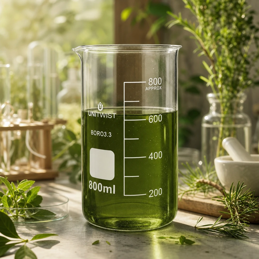 Bécher 800ml borosilicate, forme haute UNITWIST Verre de laboratoire UNITWIST 800 ml, forme haute, en borosilicate, avec un extrait vert, posé sur un plan de travail en marbre