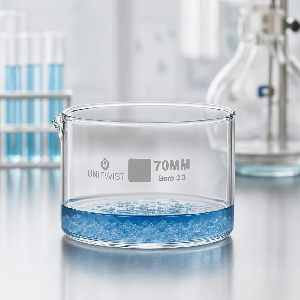 Coupelle plate en verre borosilicaté de 70 mm, marque UNiTWIST, contenant une substance bleue et dotée d'un bec verseur