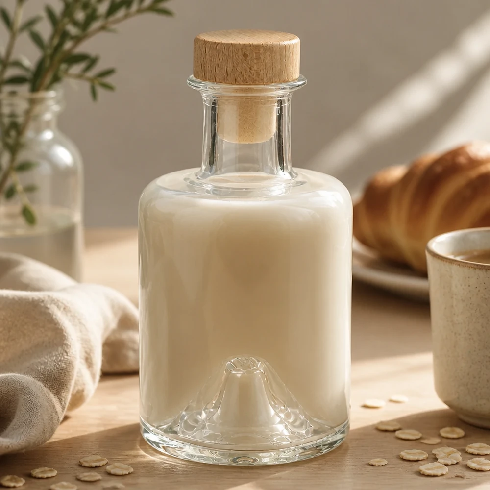 Bouteille en verre Sofia de 200 ml avec bouchon en bois remplie de lait d'avoine crémeux dans une ambiance de cuisine naturelle avec des flocons d'avoine