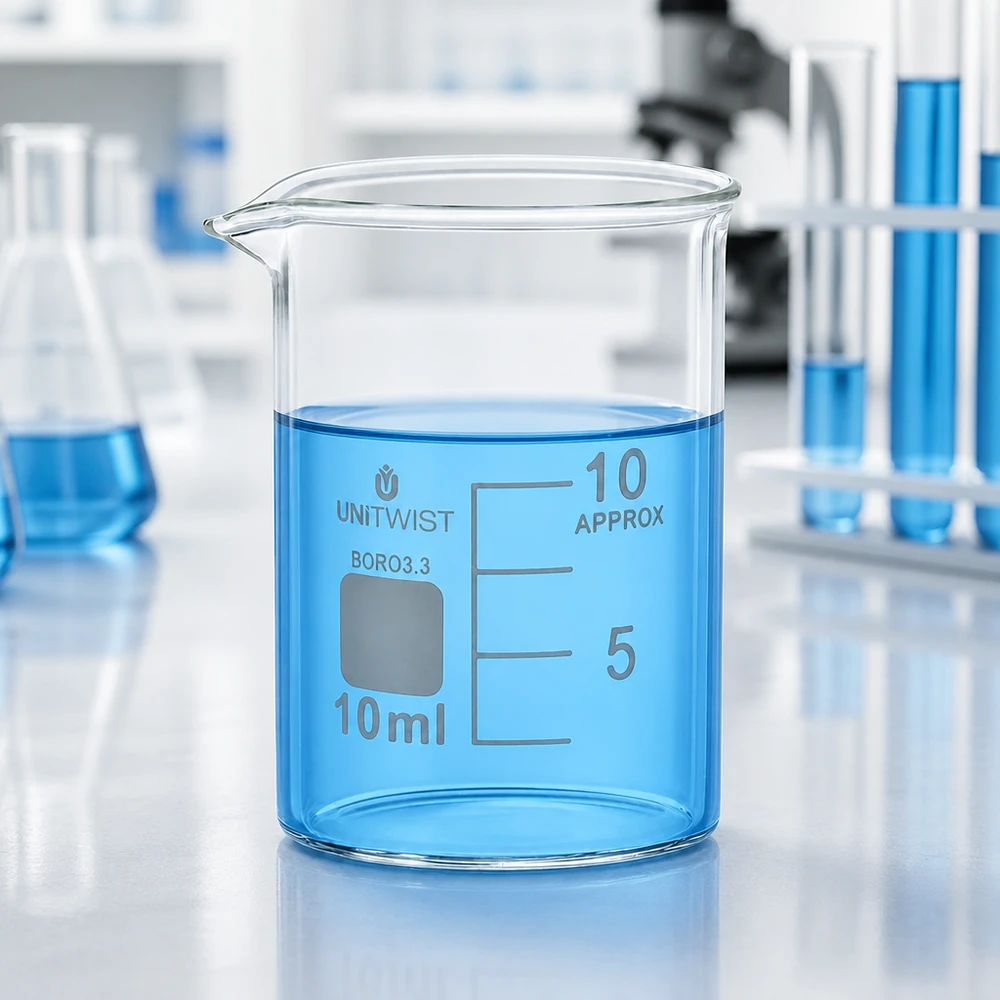 Bécher 10ml borosilicate, forme basse UNiTWIST Verre de laboratoire transparent de 10 ml, forme basse, avec bec verseur et graduation