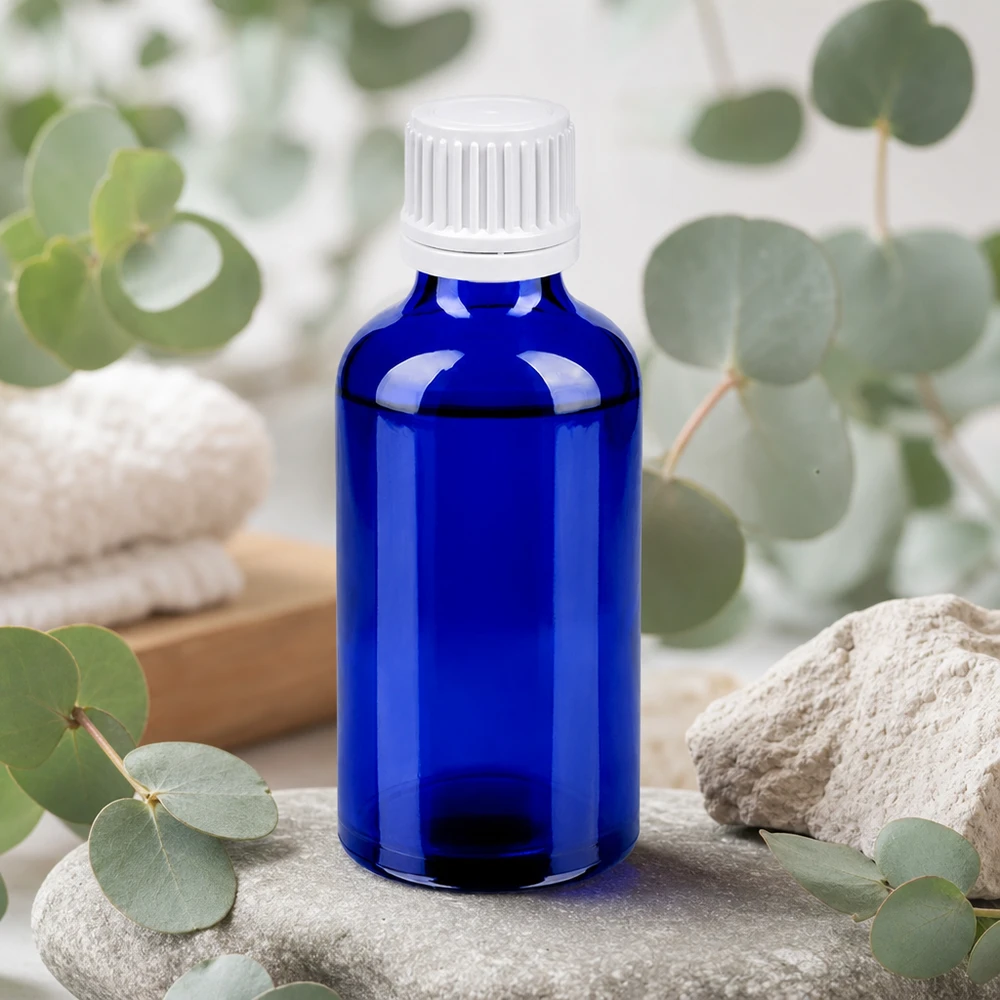 Flacon 50ml 11mm SV blanc OV BlueLine UT18/50 Petit flacon en verre 50ml bleu cobalt avec bouchon blanc idéal pour les cosmétiques DIY