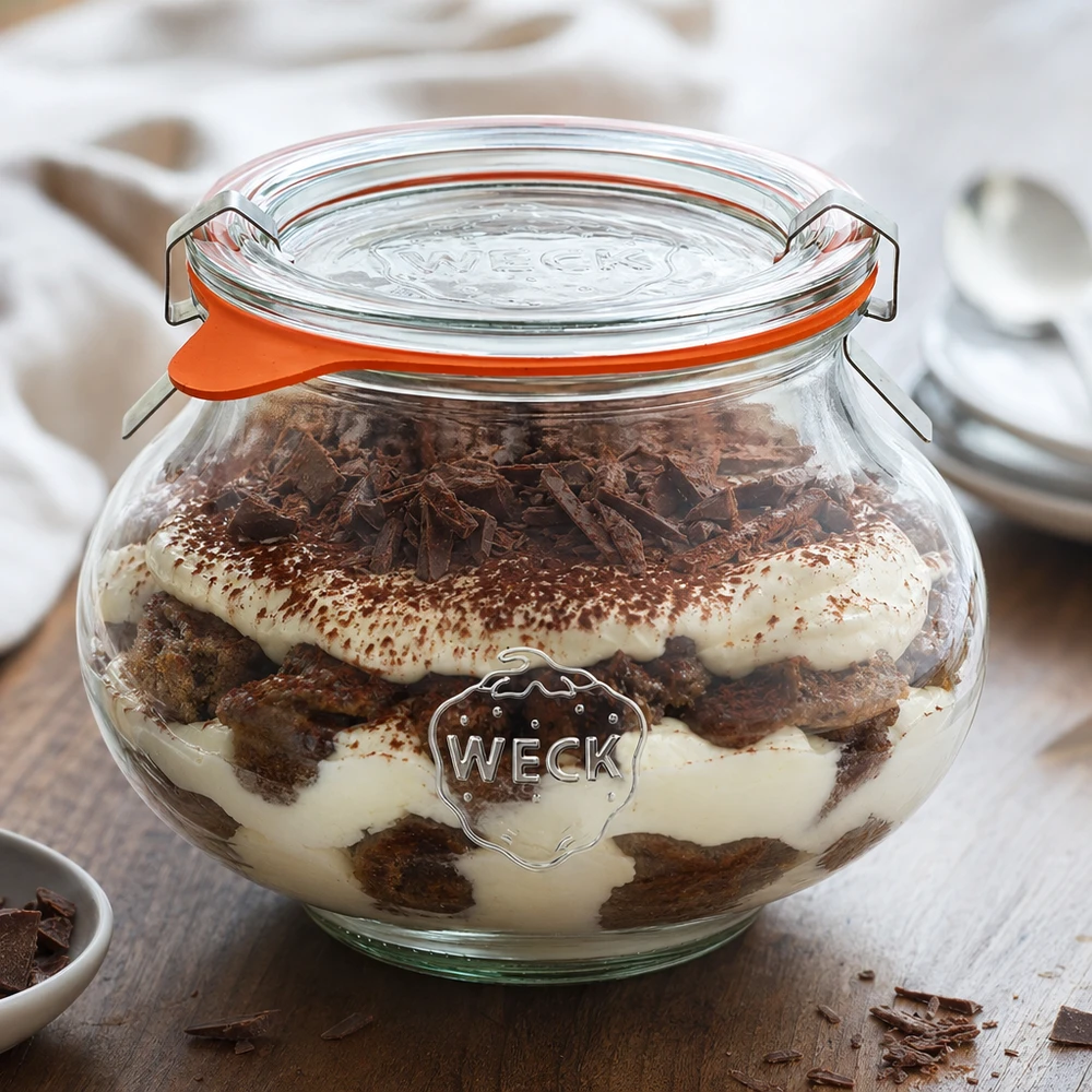 WECK Bocal de conservation 560ml rempli de dessert Tiramisu, démonstration de l'utilisation pratique comme bocal de stockage