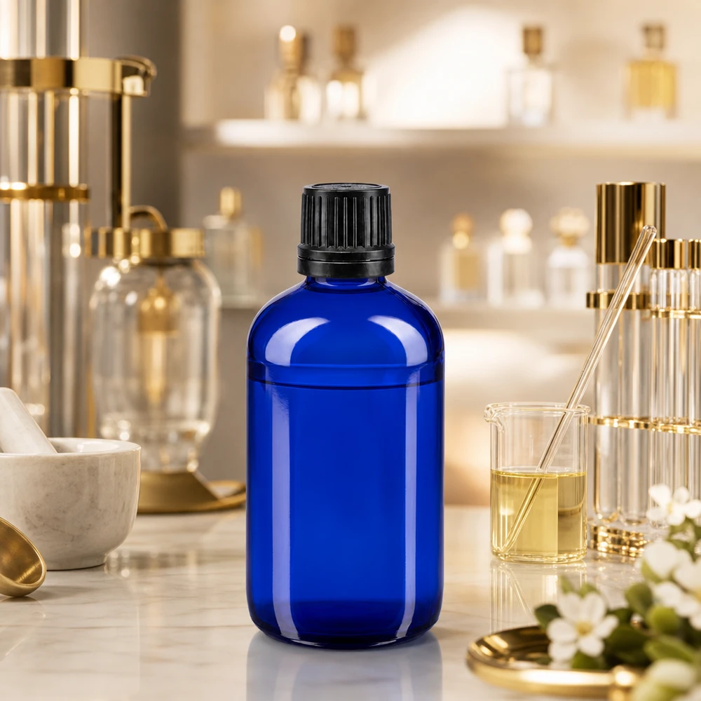 Bouteille de pharmacie bleue 100ml bouchon vissable bague de coulée noire bouchon inviolabilité Flacon en verre bleu cobalt de 100 ml avec bouchon d'origine noir pour huiles aromatiques