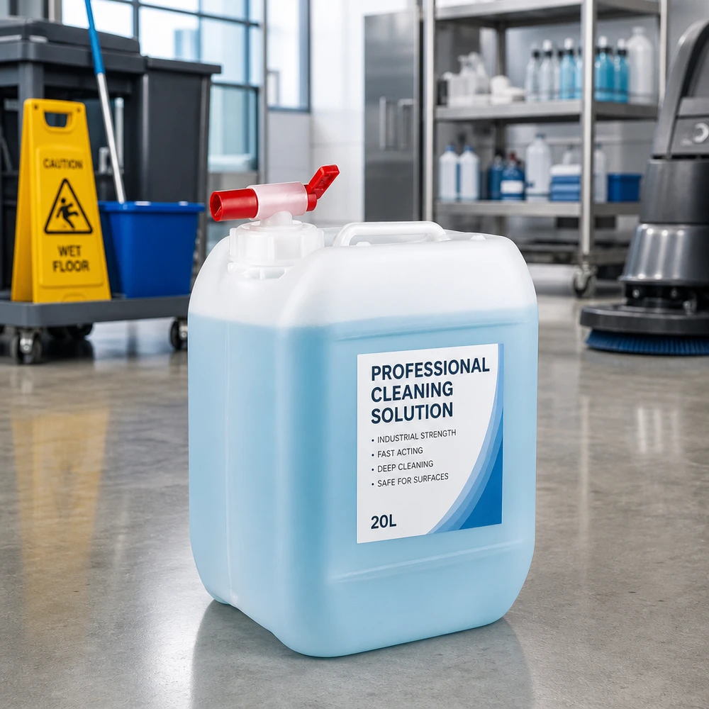 Bidon en plastique semi-transparent de 5 litres avec robinet de vidange rouge, destiné aux solutions de nettoyage professionnelles
