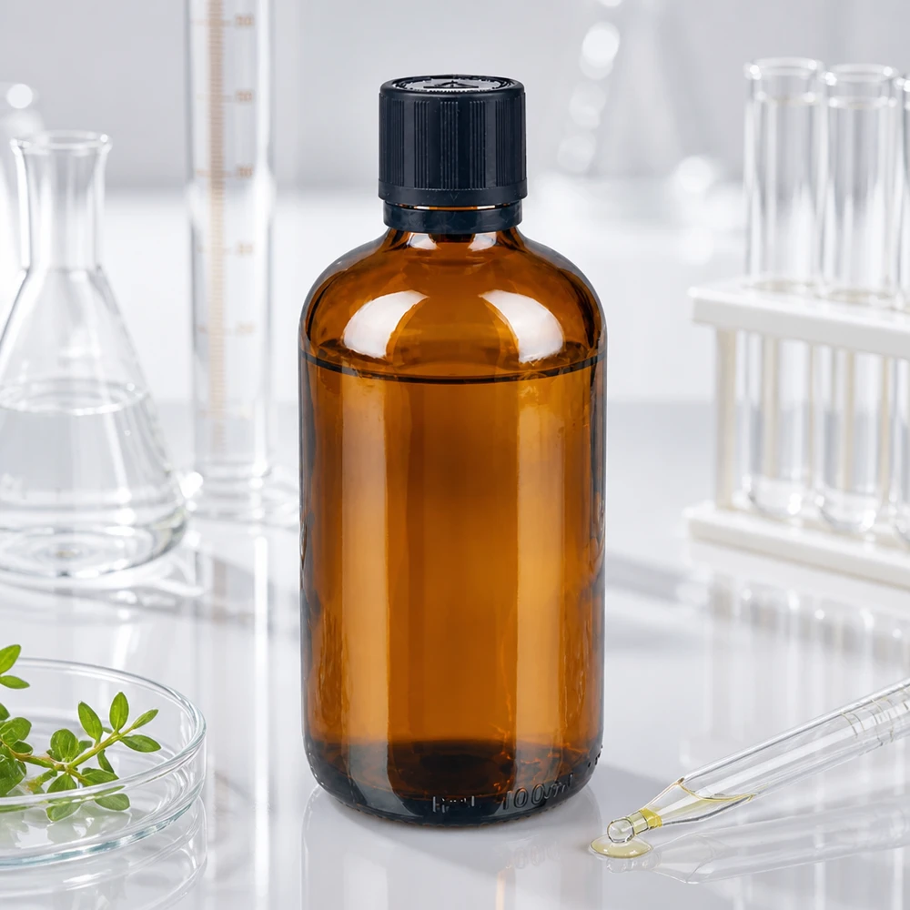 Flacon de pharmacie de 100 ml de couleur ambrée, muni d'un bouchon OV, à côté d'une pipette en verre et d'herbes fraîches