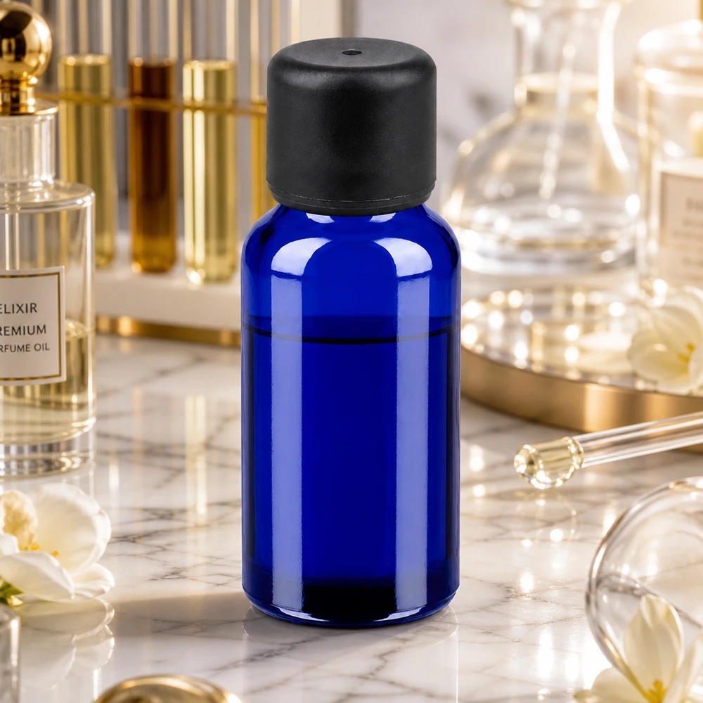 Flacon 20ml 6mm SV noir STD BlueLine UT18/20 Flacon bleu élégant de 20 ml avec bouchon noir mat pour une conservation élégante des produits haut de gamme