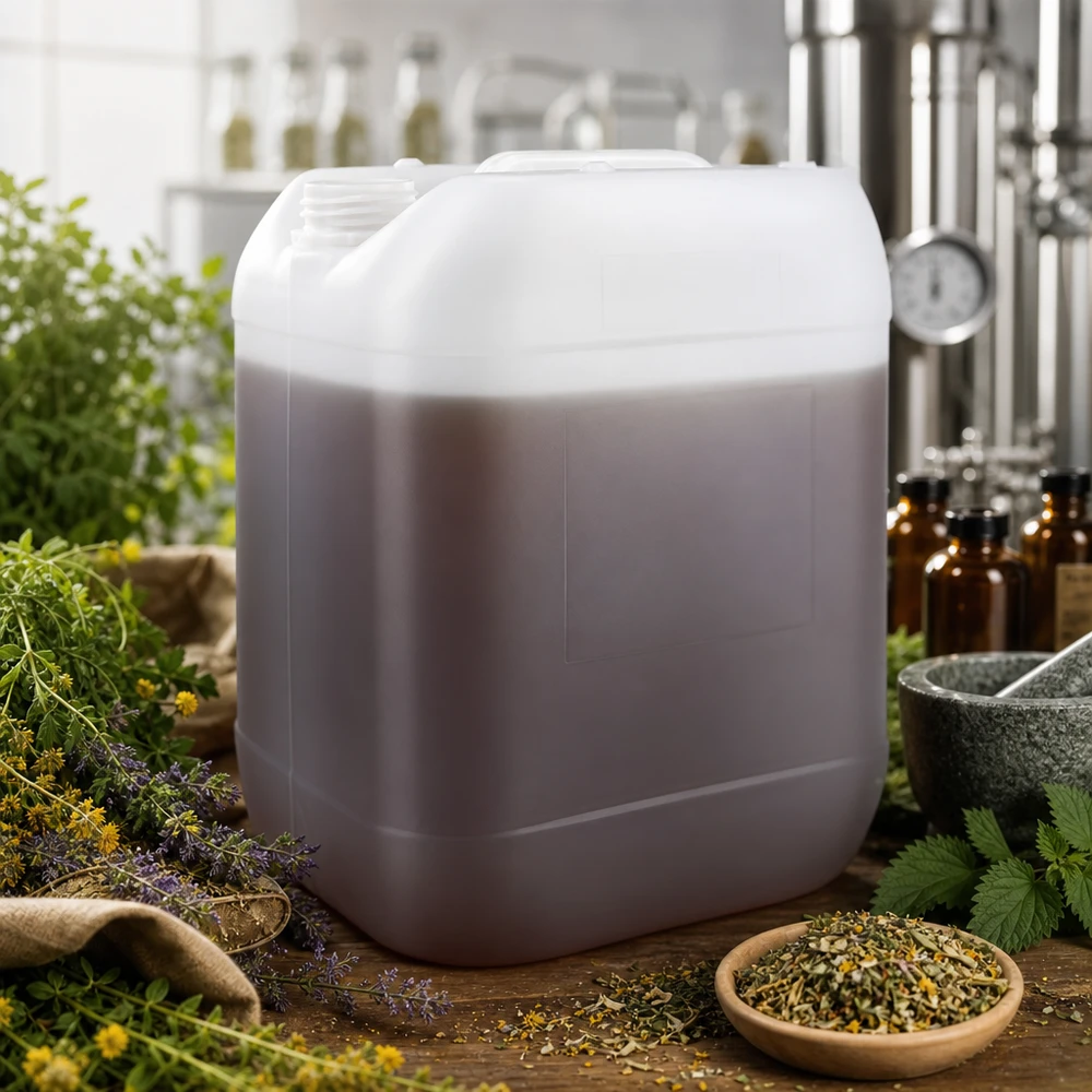 Bidon de 20 litres sans bouchon, contenant un liquide brunâtre, dans un environnement de fabrication professionnel