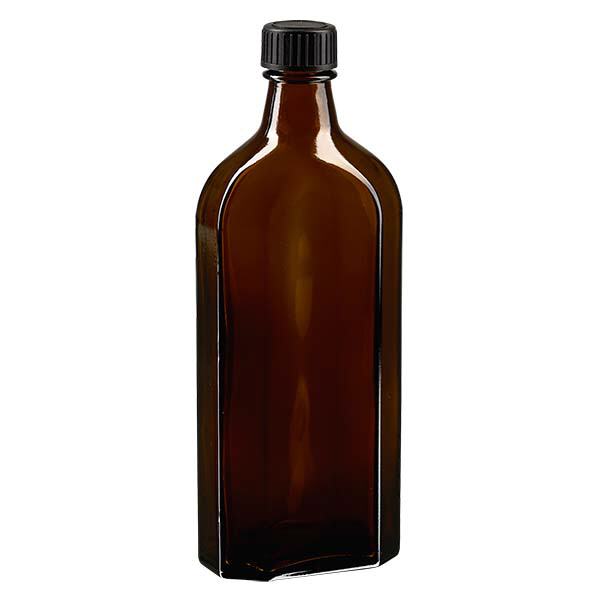 Flasque brune de 250 ml au goulot DIN 22, avec bouchon à vis DIN 22 noir au joint LKD Flasque brune de 250 ml au goulot DIN 22, avec bouchon à vis DIN 22 noir au joint LKD