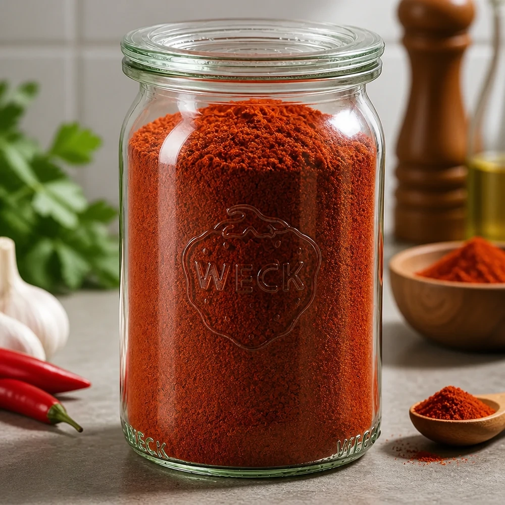WECK Pot cylindrique de 145ml RR40 rempli de poudre de paprika rouge dans une scène de cuisine avec des épices et des piments rouges