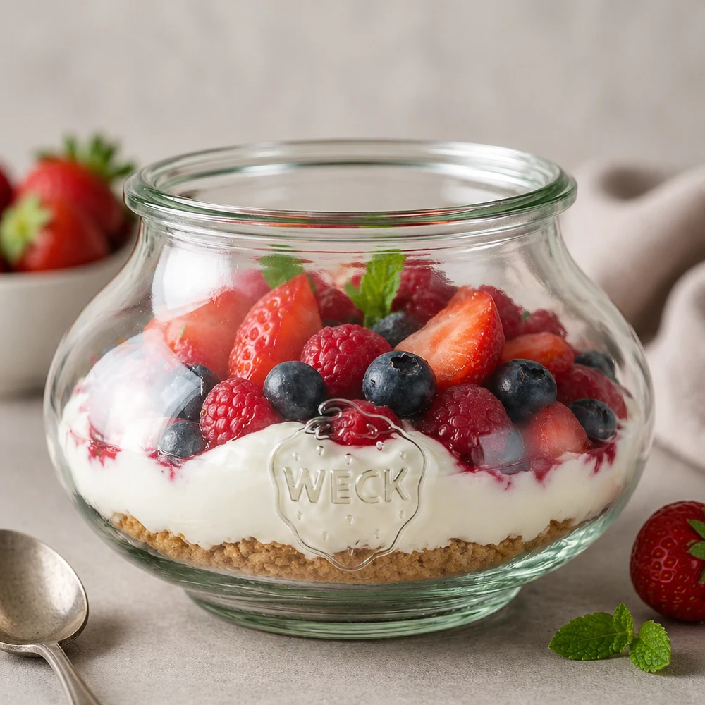 Bocal décoratif WECK RR80 de 560 ml WECK Schmuckglas 560ml RR80 als elegantes Dessertglas mit Beerenmischung und Creme für stilvolle Tischdekoration