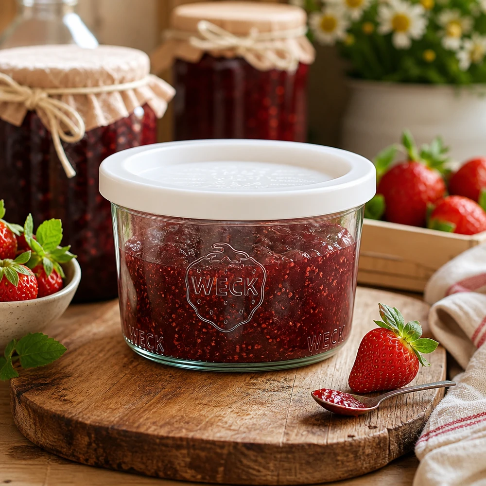 200ml bocal conique avec couvercle fraîcheur WECK RR80 WECK RR80 Pot de conserve 200ml rempli de confiture de fraises sur une planche en bois rustique à côté de fraises fraîches