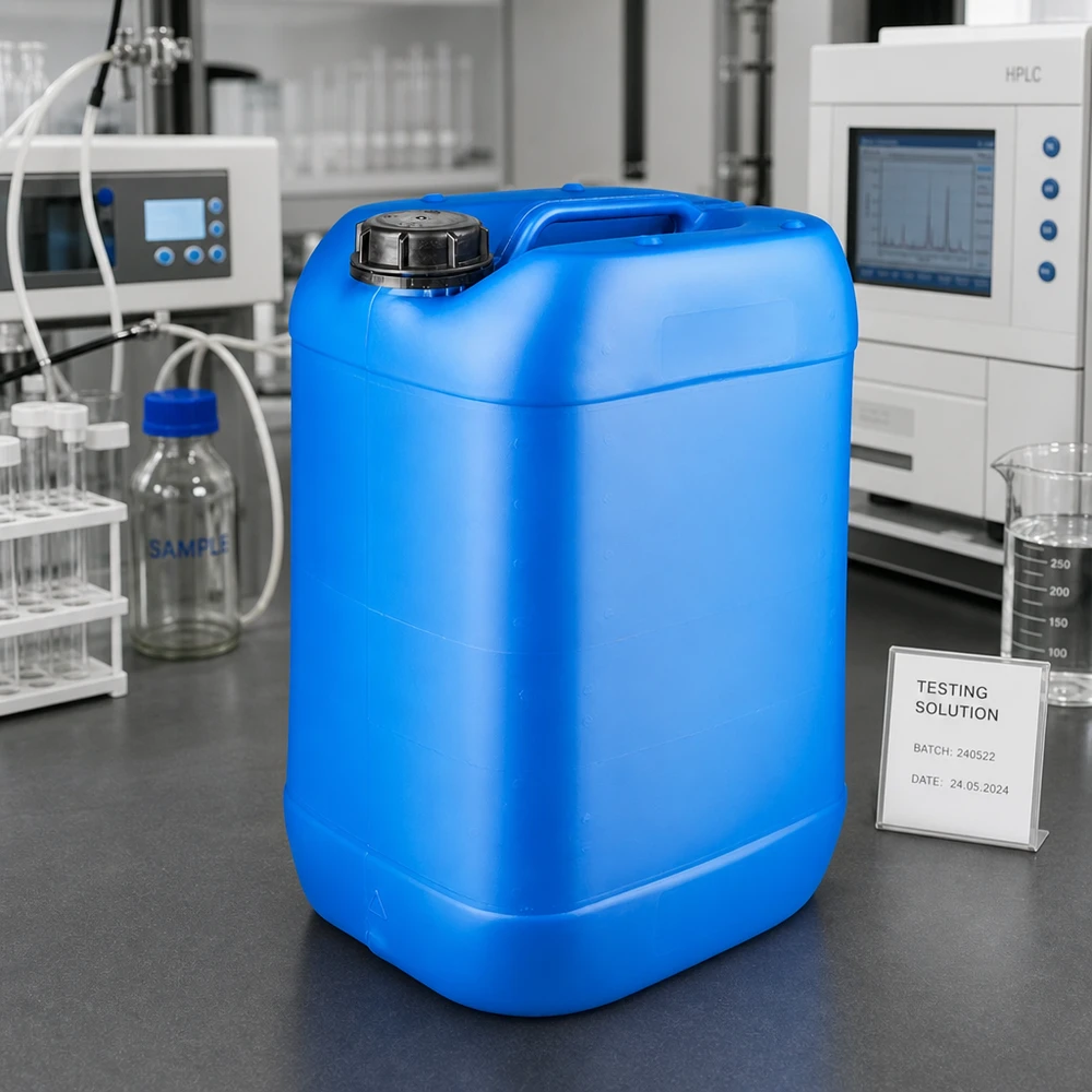 Bidon bleu de 25 litres adapté au contact alimentaire, à côté d'un appareil HPLC et d'un bécher dans un laboratoire d'analyse