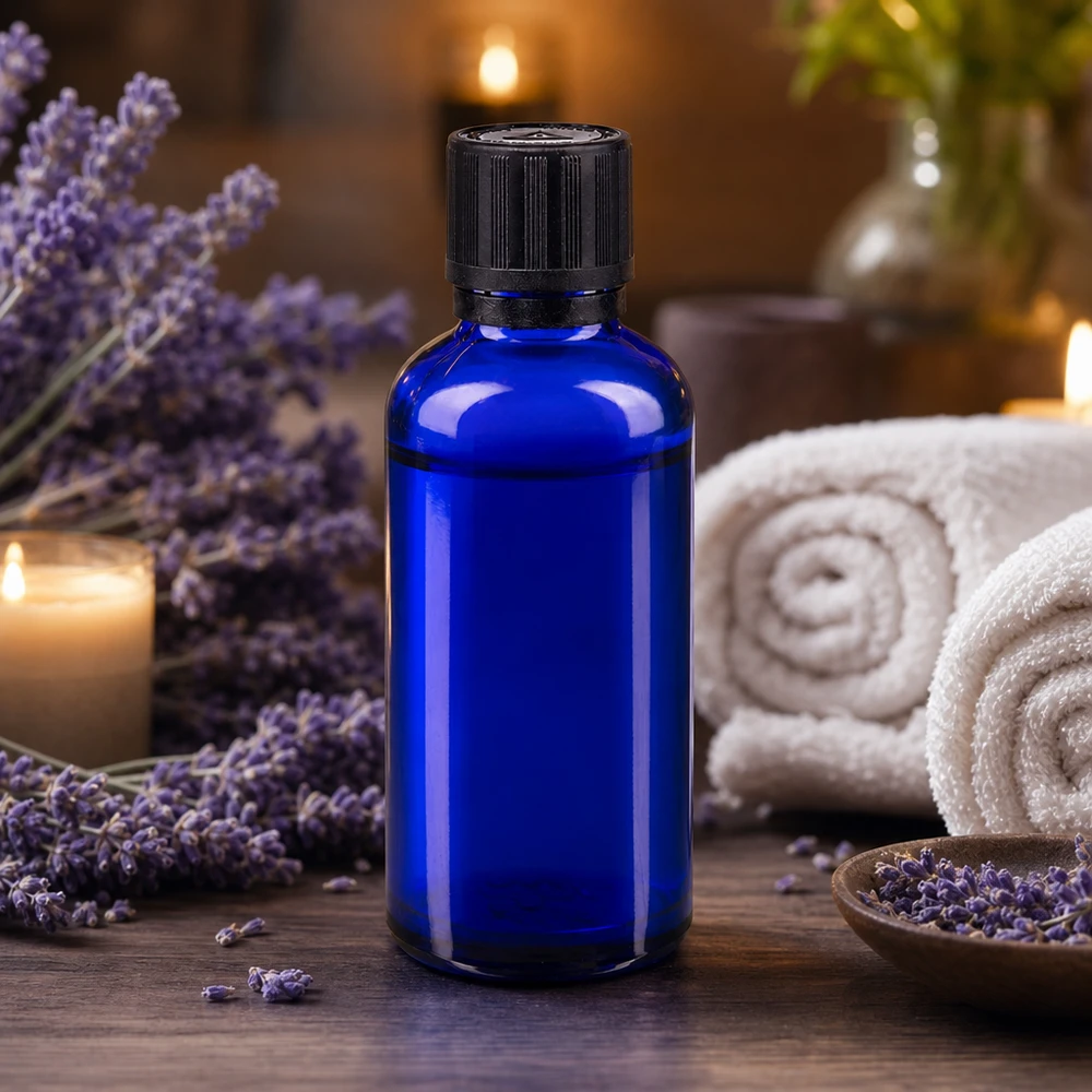 Flacon à pharmacie bleu 50ml bouchon inviolable 1mm noir sécurité enfant adapté aux aveugles bouchon inviolabilité Flacon de pharmacie bleu cobalt de 50 ml avec bouchon de sécurité enfant, dans une ambiance spa relaxante