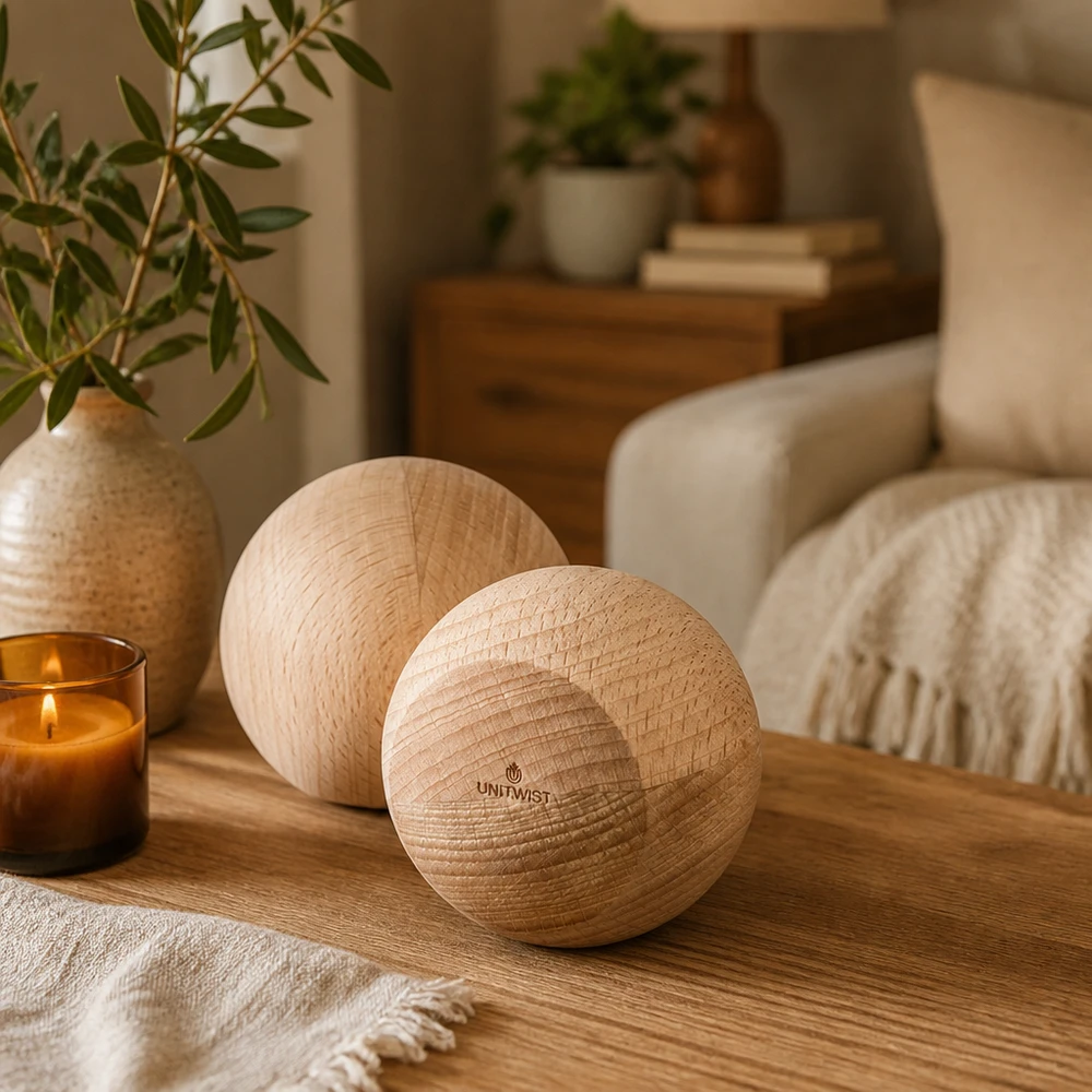UNiTWIST Sphère en bois (hêtre) pour WECK RR80 Sphères en bois UNiTWIST en hêtre dans une ambiance chaleureuse - décoration élégante sur une table en bois à côté d'une bougie