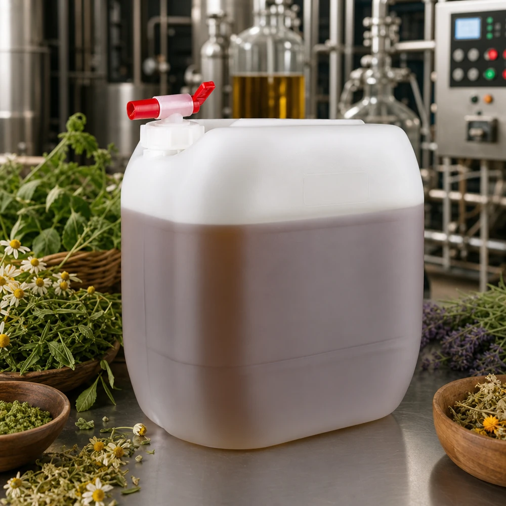 Grand bidon blanc de 30 litres muni d'un robinet rouge dans un environnement industriel de production d'extraits de plantes aromatiques