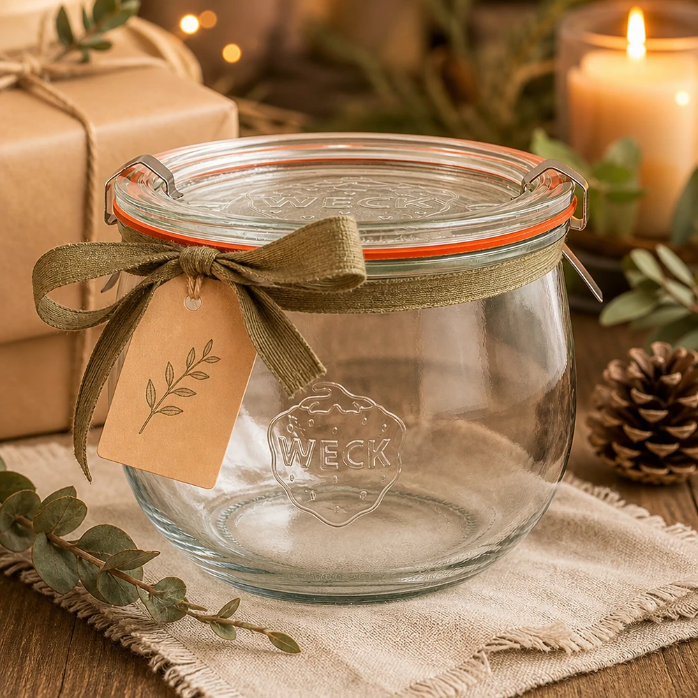 WECK Pot tulipe 580ml RR100 vide comme idée de cadeau avec ruban et pendentif dans une agréable décoration de Noël