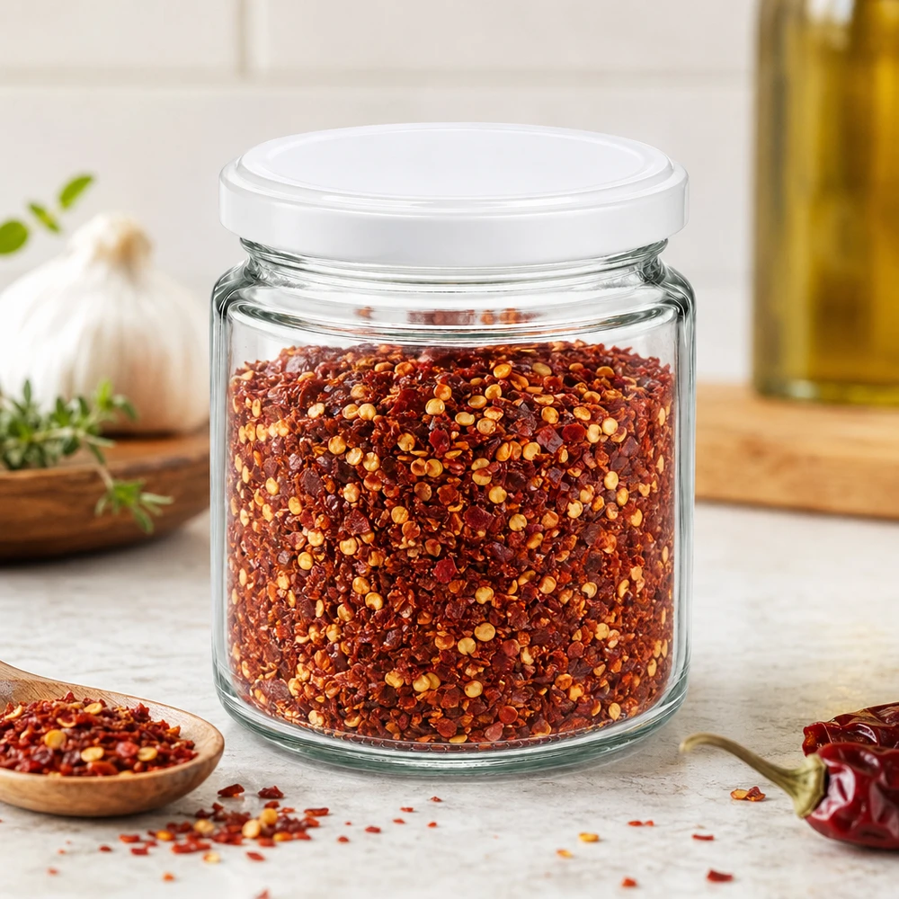 Pot de miel de 250 ml avec couvercle blanc BasicSeal rempli de flocons d'épices rouges au piment dans une scène de cuisine méditerranéenne