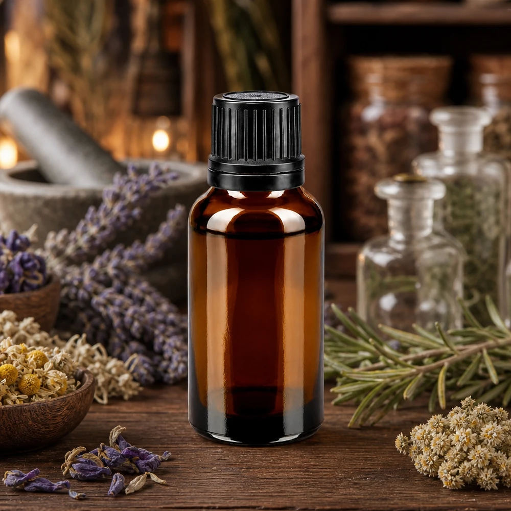 Flacon en verre brun de 20ml avec bouchon vissable noir et bague verseuse Flacon de pharmacie compact de 20 ml, en verre ambré avec protection UV et bouchon noir, destiné à la médecine naturelle