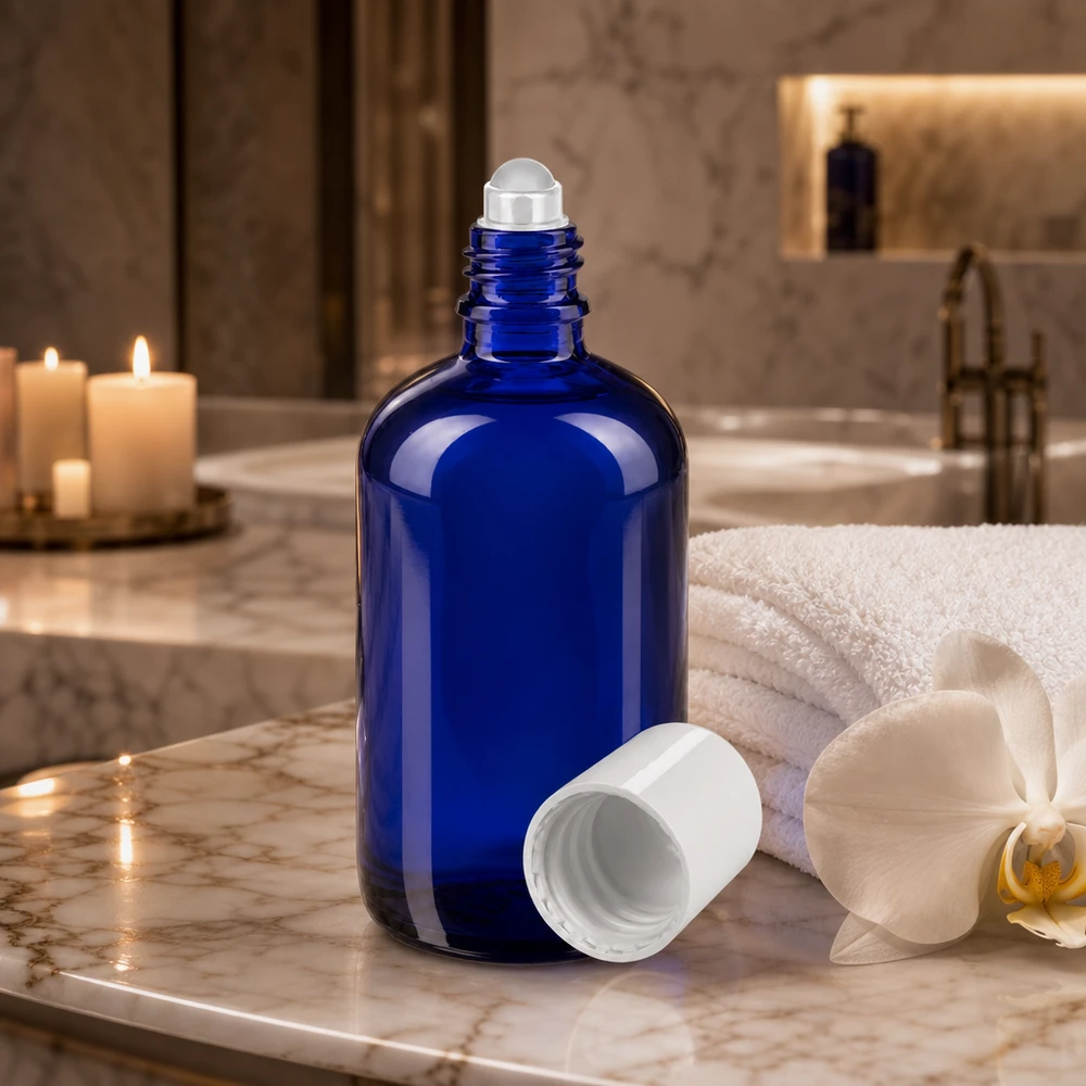 Flacon en verre robuste de 100 ml à bille, de couleur bleue, destiné aux huiles essentielles et aux parfums, muni d'un bouchon standard