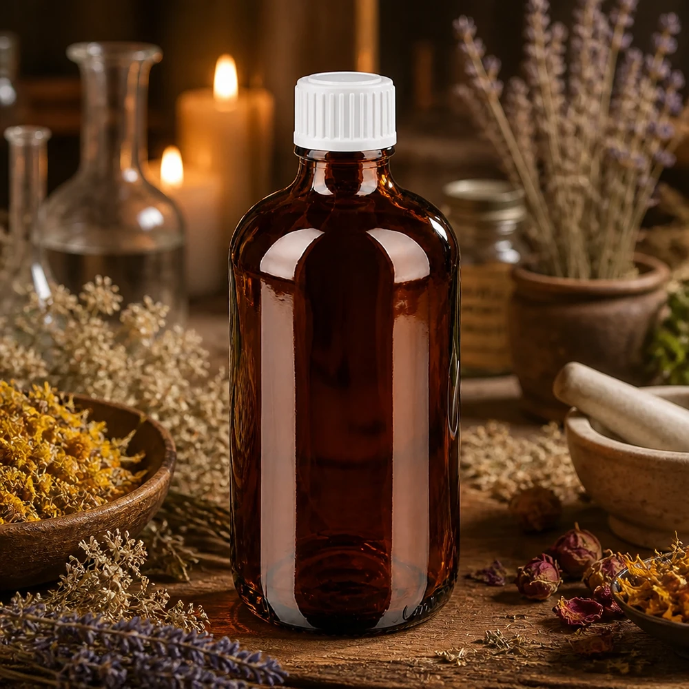 Flacon opacifiante de 100 ml, marron, avec bouchon blanc de 11 mm, dans un cadre dédié à la médecine naturelle
