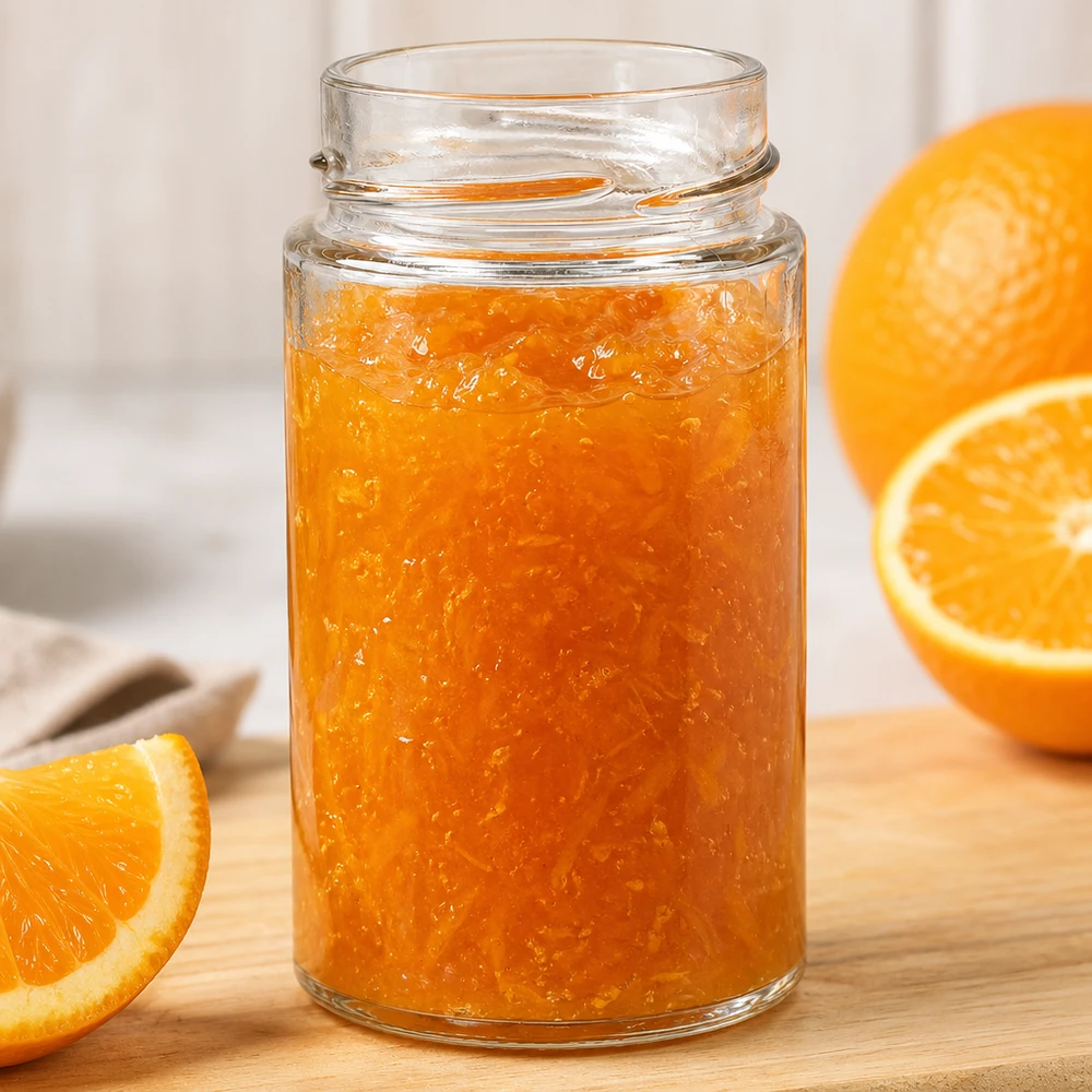 UNiTWIST Runda245 Verre rond 245ml rempli de marmelade d'orange sur une planche en bois à côté de tranches d'orange fraîche