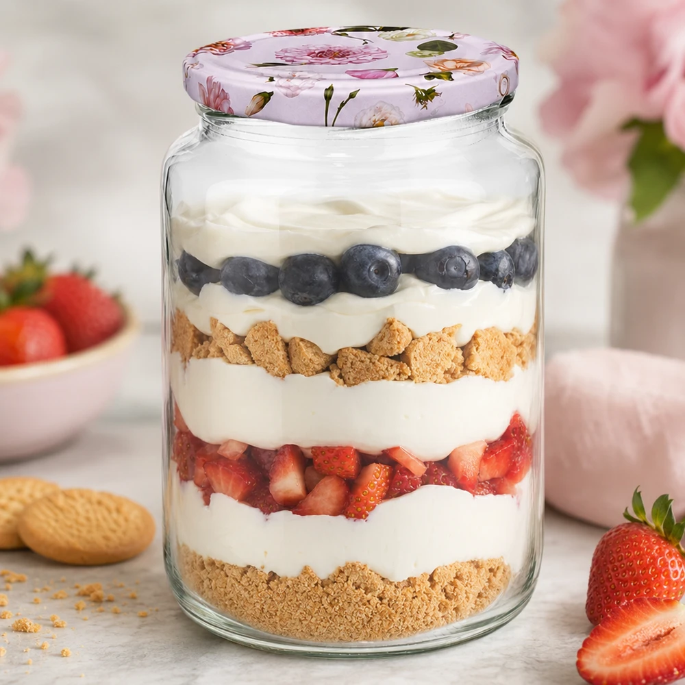 795ml Verre rond à dessert stratifié Yaourt Baies Biscuits BasicSeal Couvercle rose Fleurs Verre à dessert Cuisine
